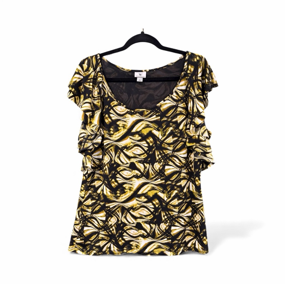 Worthington Women’s L black and tan Ruffle Sleeve Top Blouse Professional